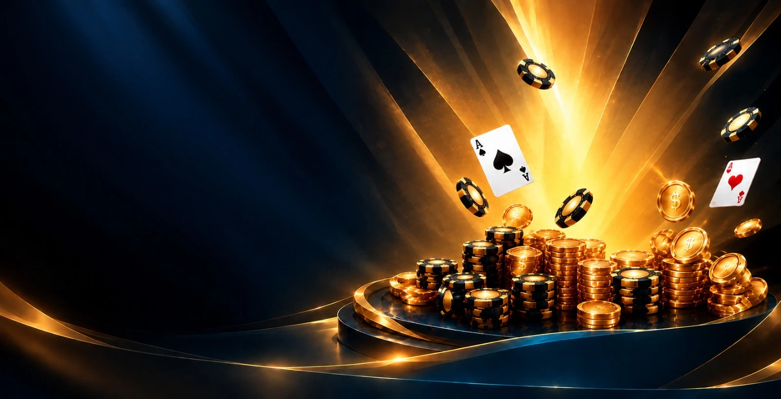 Stacks of gold and black casino chips with ace cards under golden light