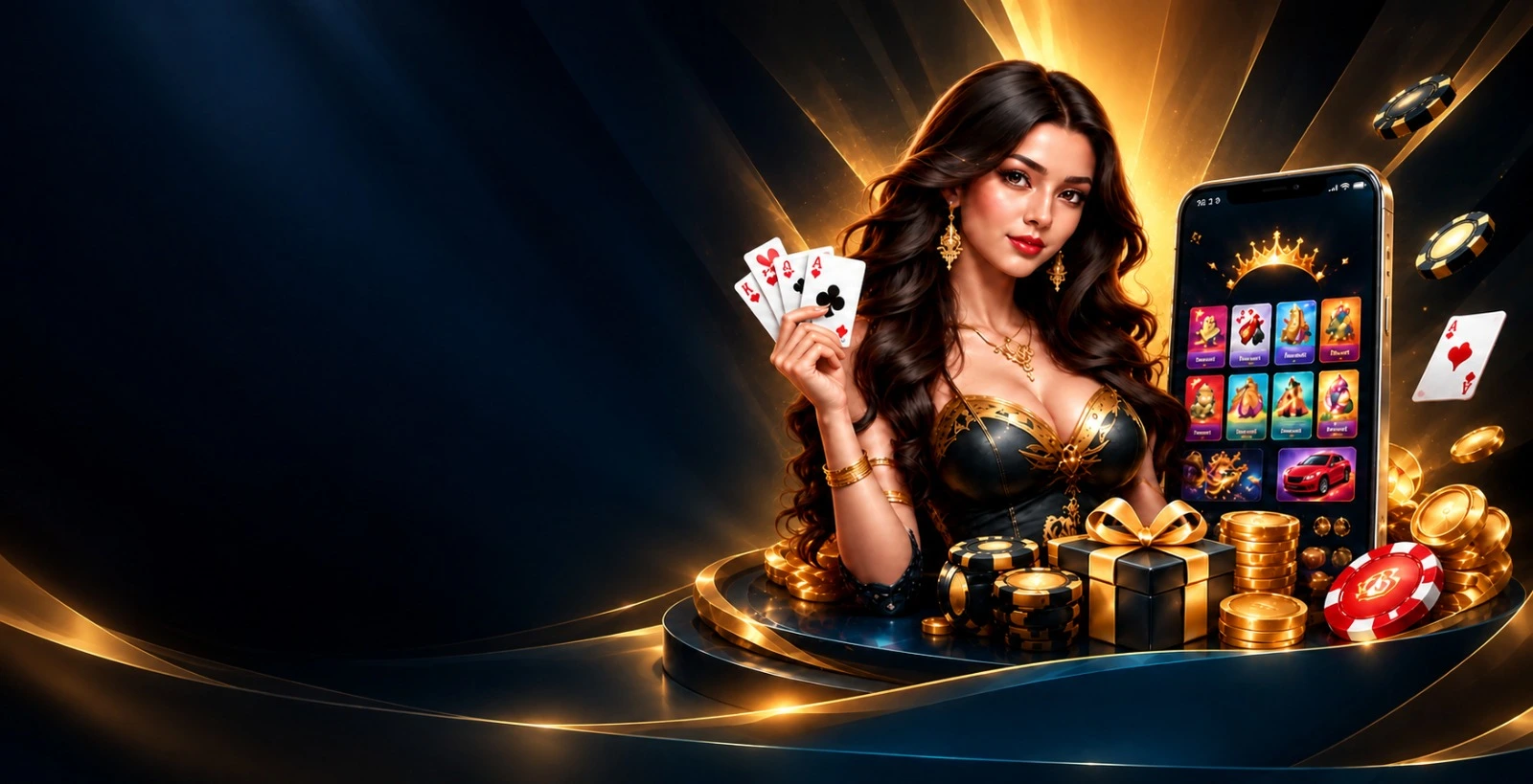 Teen Patti Master host holding playing cards beside the Teen Patti Master app on a phone, surrounded by gold coins and chips