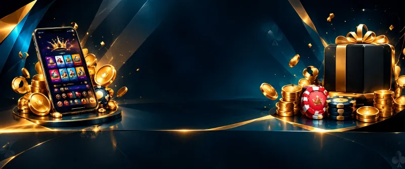 Gold gift box, casino chips and coins beside a phone showing the game lobby